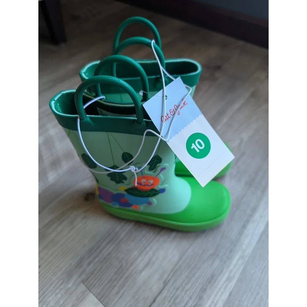 Cat & Jack Rain Boots Kids Size 10 Green New Caterpillar Pull-On Waterproof